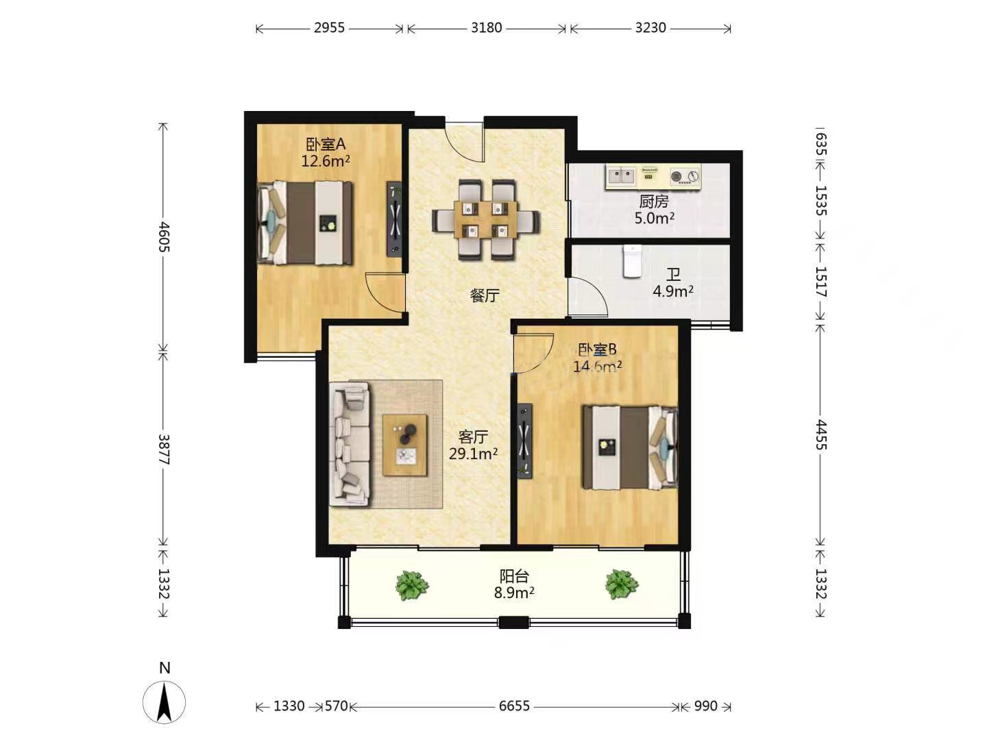 桂花小镇 2室2厅1卫 98.25m&sup2;