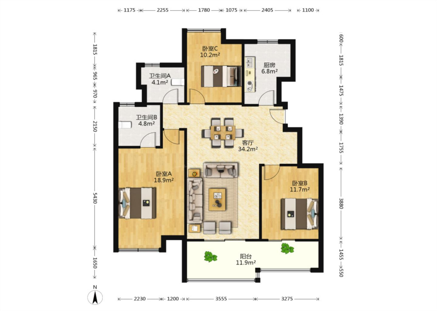 万科白鹭湾 3室2厅1卫 113.82m&sup2;