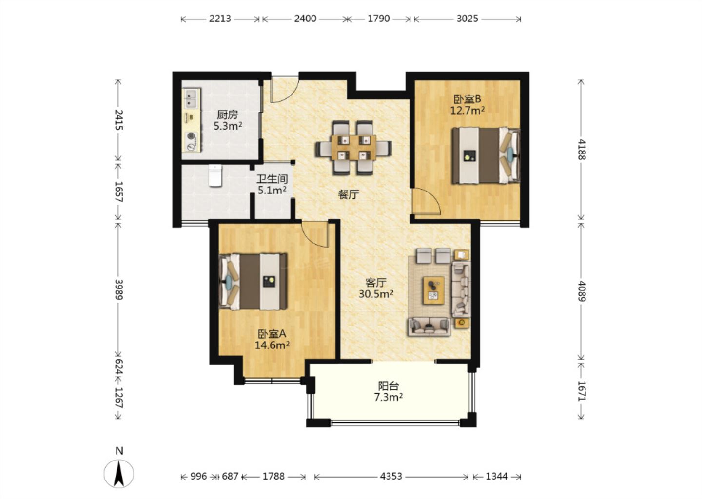 帝奥北城名郡二期 2室2厅1卫 98m&sup2;