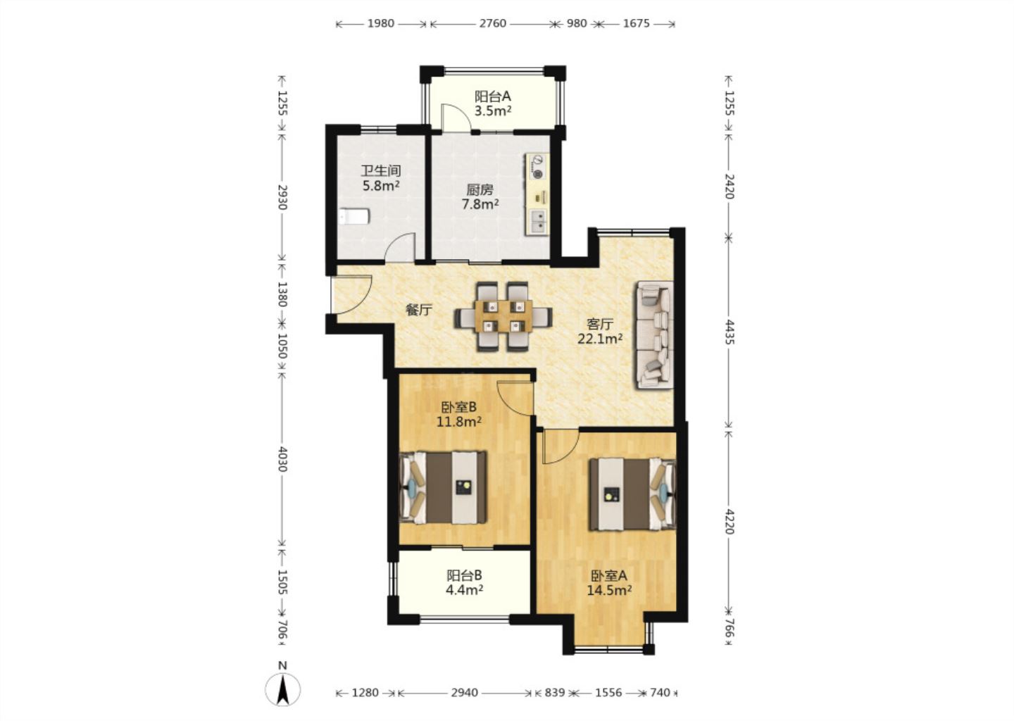 幸福锦园 2室2厅1卫 88m&sup2;