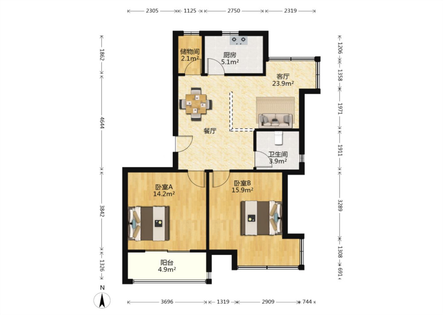 中港城 2室2厅1卫 87.7m&sup2;