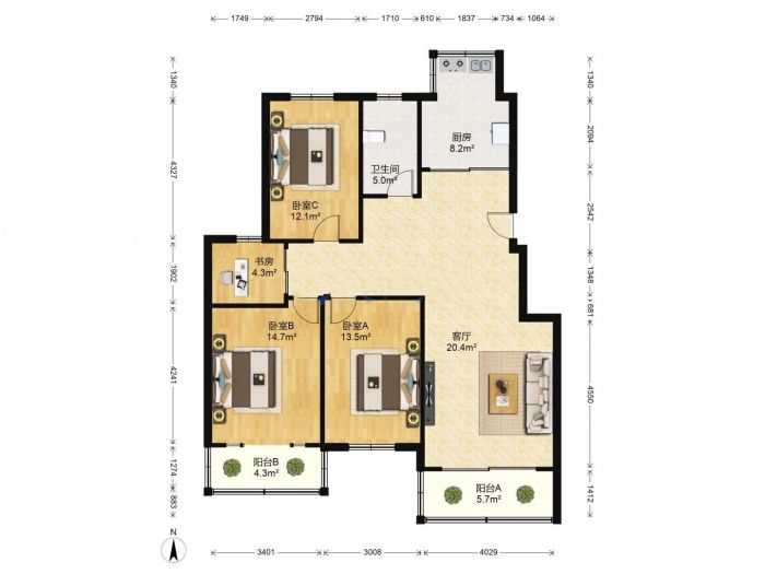 紫东花苑 3室2厅1卫 137m&sup2;