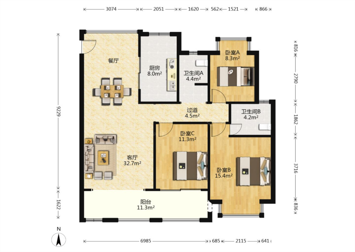 华强城四期 3室2厅2卫 123.00m&sup2;
