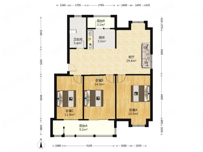 朝阳花苑 2室2厅1卫 104m&sup2;
