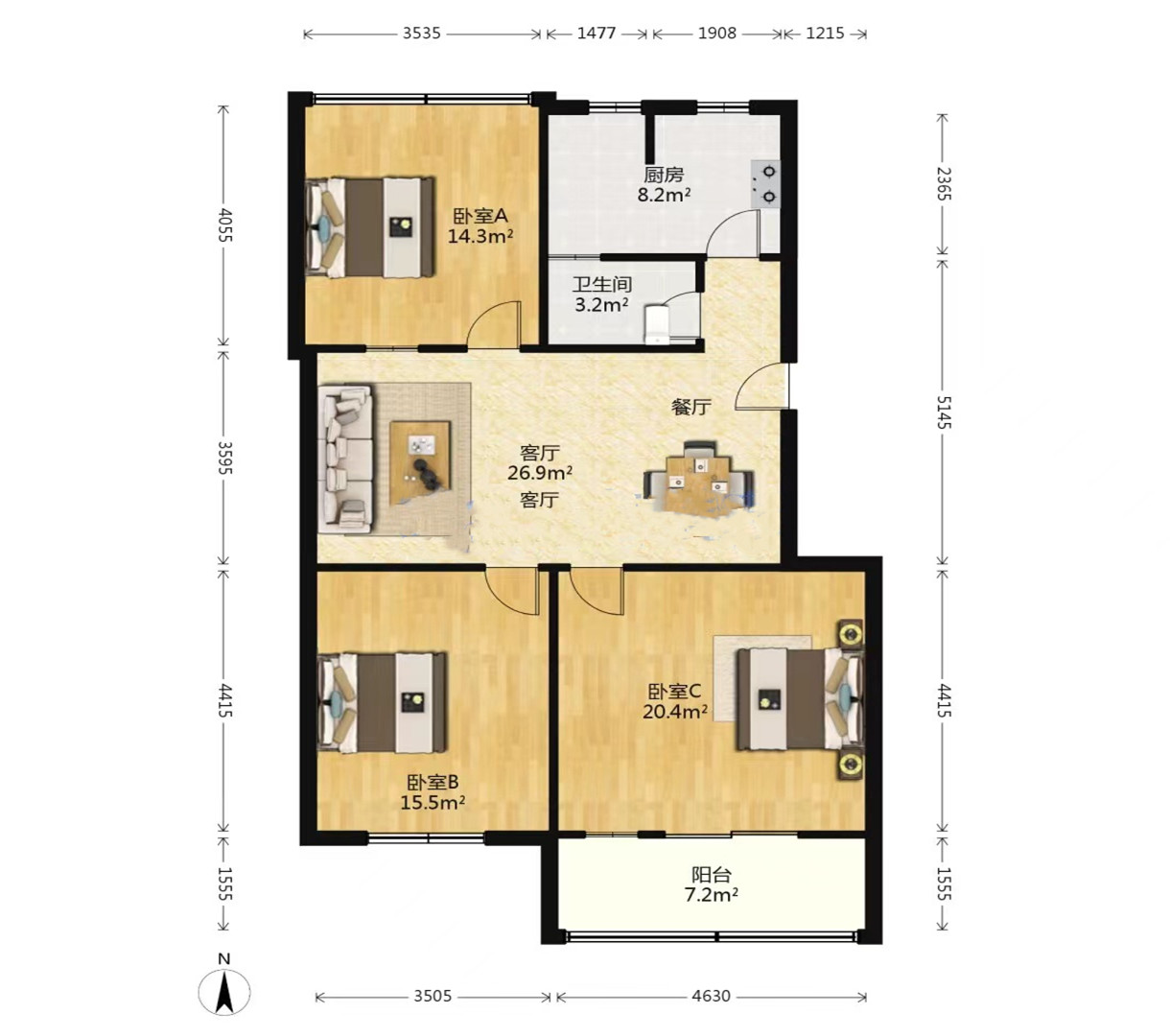 白家园 3室1厅1卫 88m&sup2;