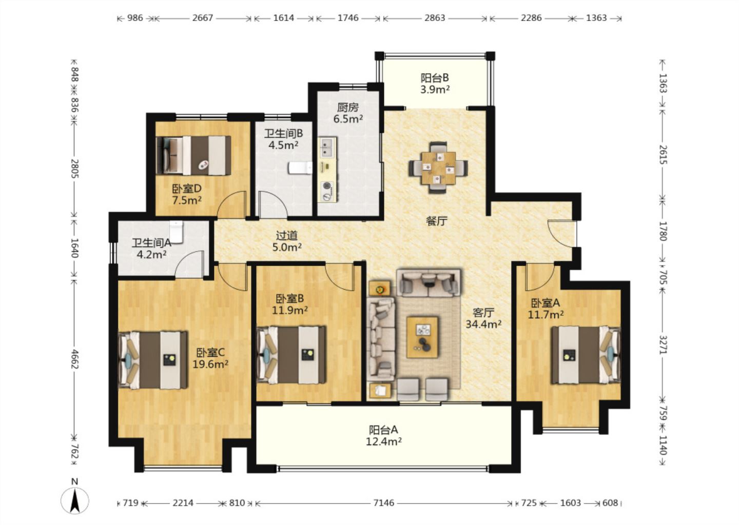 中海上东区 4室2厅3卫 143m&sup2;