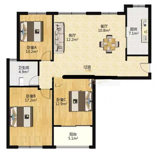 江景苑小区 3室2厅1卫 126m&sup2;