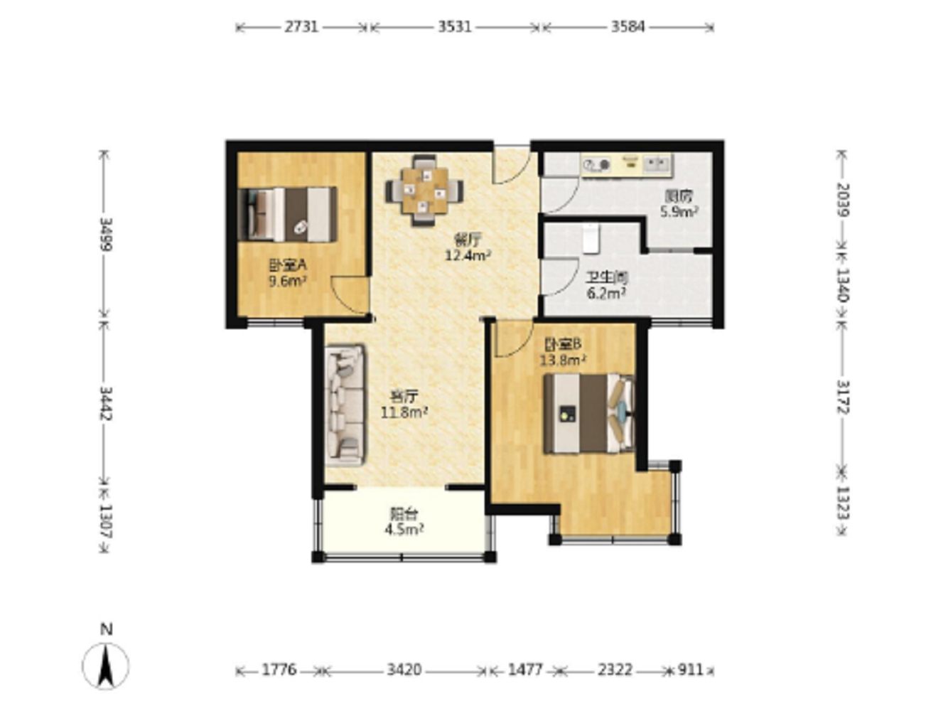 福景苑 2室2厅1卫 92.00m&sup2;