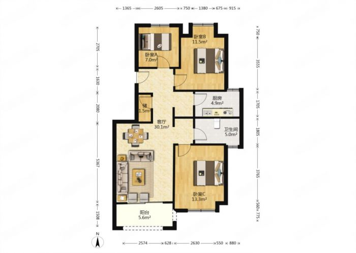 龙湖天宸源著 3室1厅1卫 100.00m&sup2;