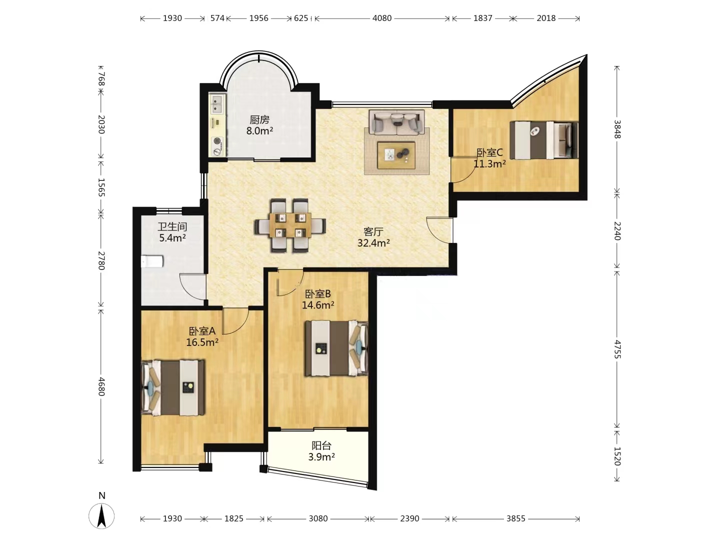 凤凰莱茵苑 3室2厅1卫 128m&sup2;
