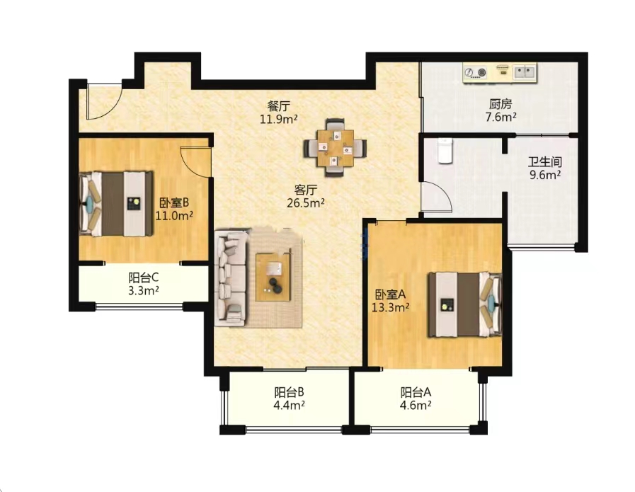 银洲&middot;皇家花园 2室2厅1卫 110m&sup2;