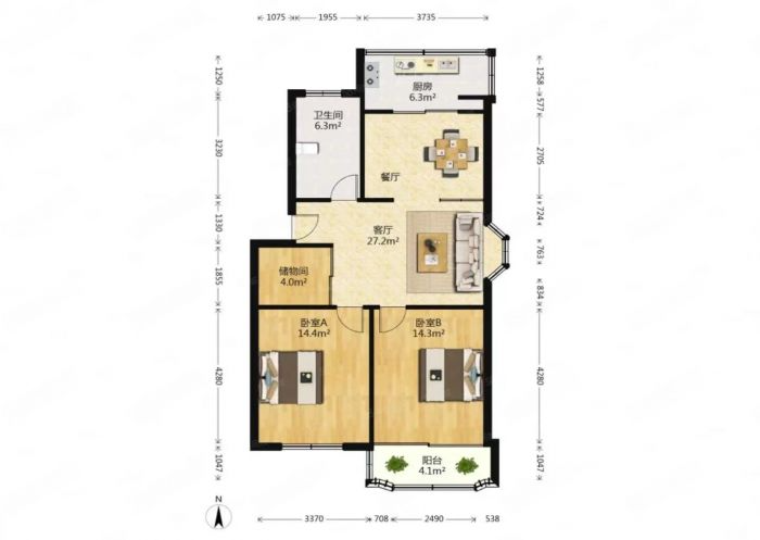 阳光花园 2室2厅1卫 91.47m&sup2;