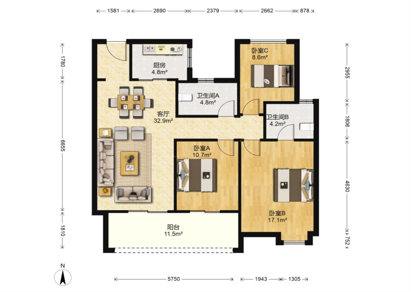 海上传奇 3室2厅1卫 114.87m&sup2;