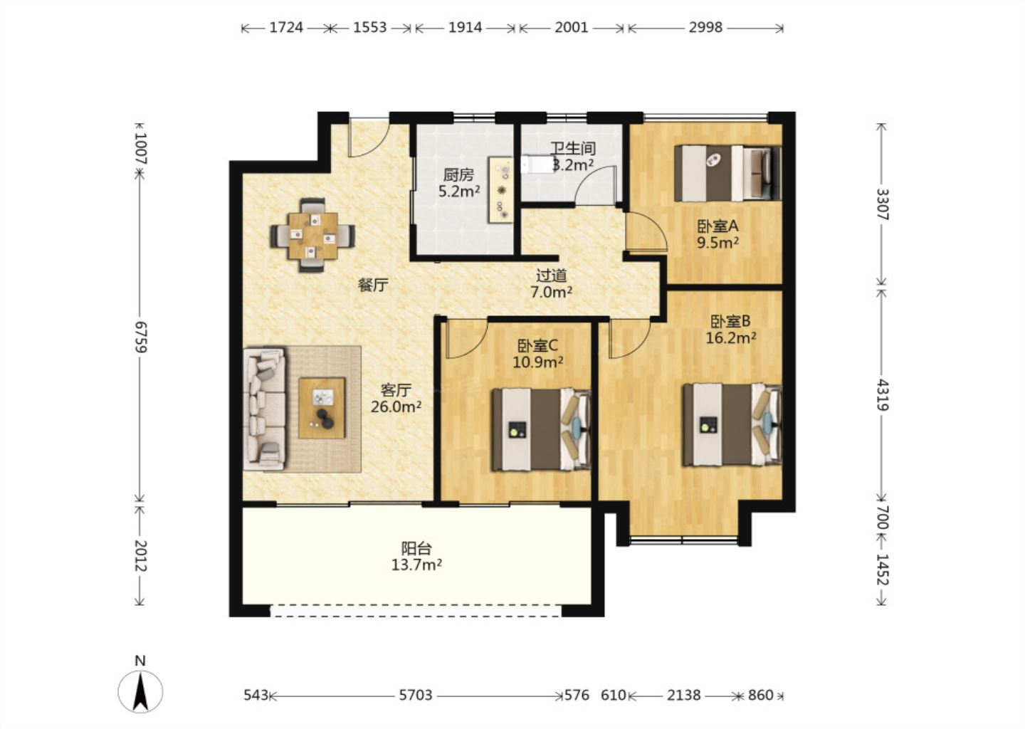 远创东樾 3室2厅1卫 106.53m&sup2;
