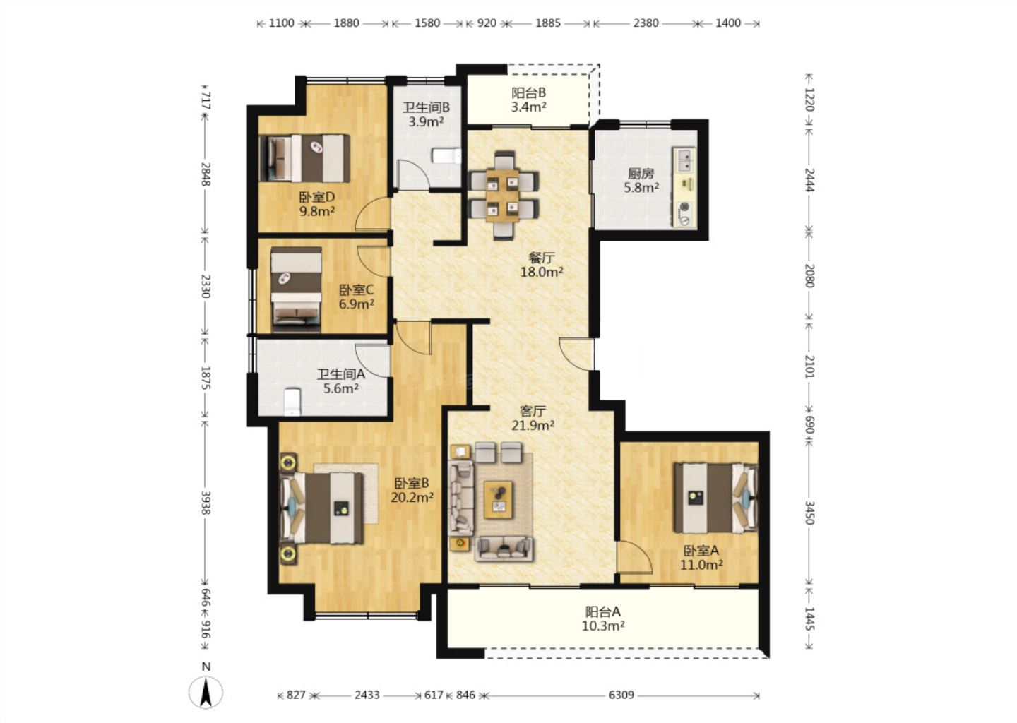 绿城蘭园 4室2厅2卫 143m&sup2;
