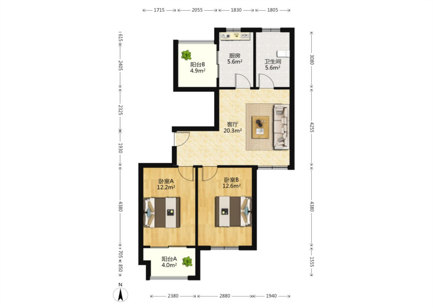 同和嘉苑东区 2室2厅1卫 86.38m&sup2;