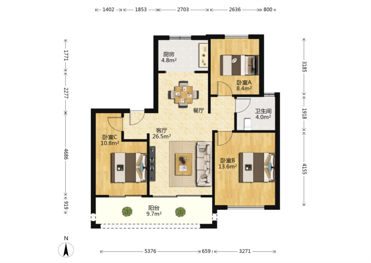 中南珑悦 2室2厅1卫 95m&sup2;