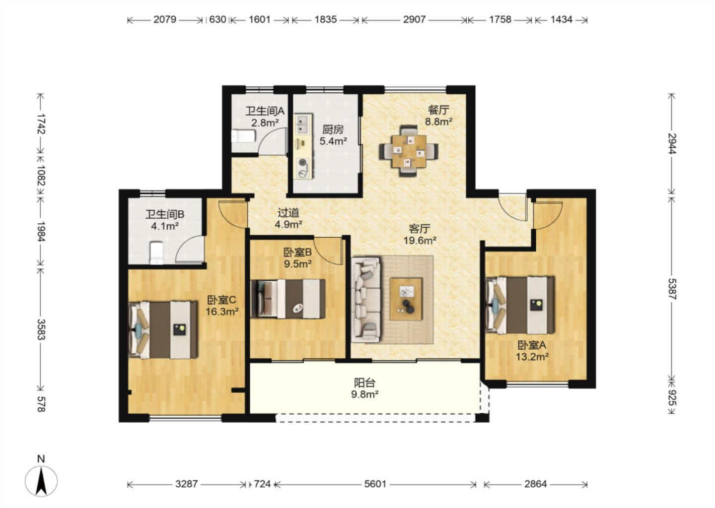 中南珑悦 3室2厅1卫 115m&sup2;