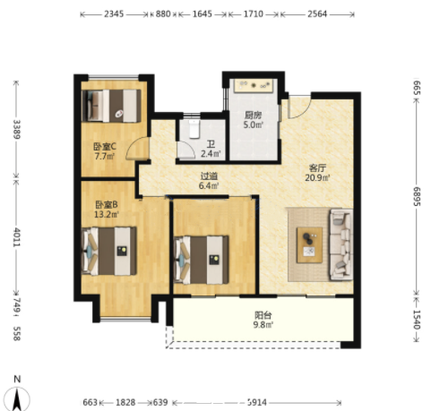 春风南岸西园 3室2厅1卫 96m&sup2;