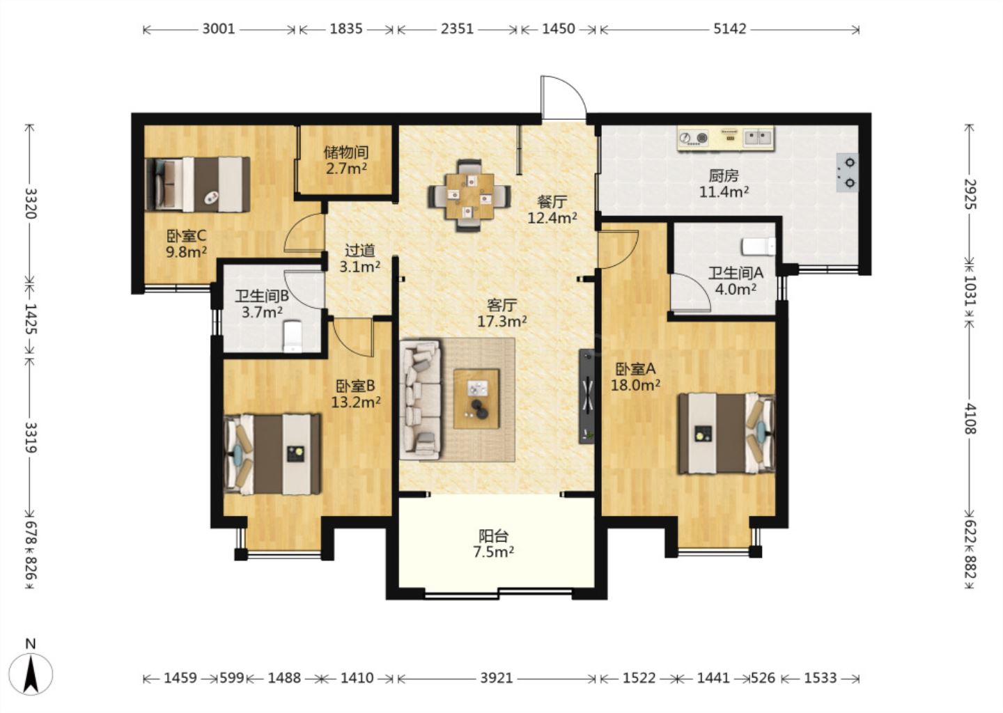 华强城 3室2厅2卫 131m&sup2;