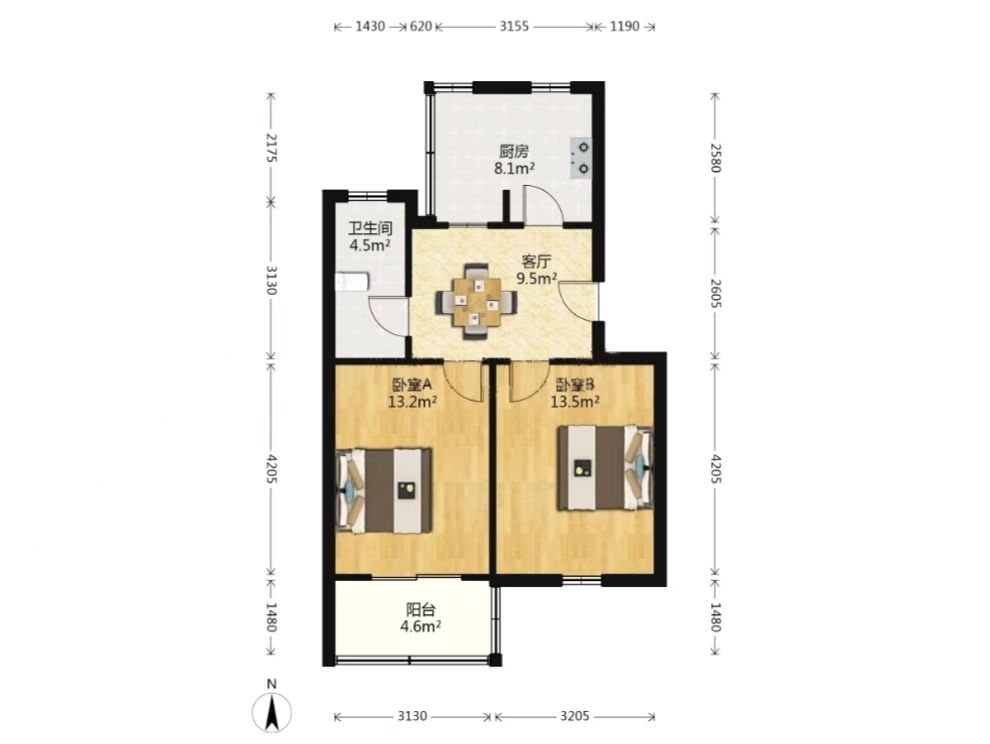 白家园 2室1厅1卫 63m&sup2;