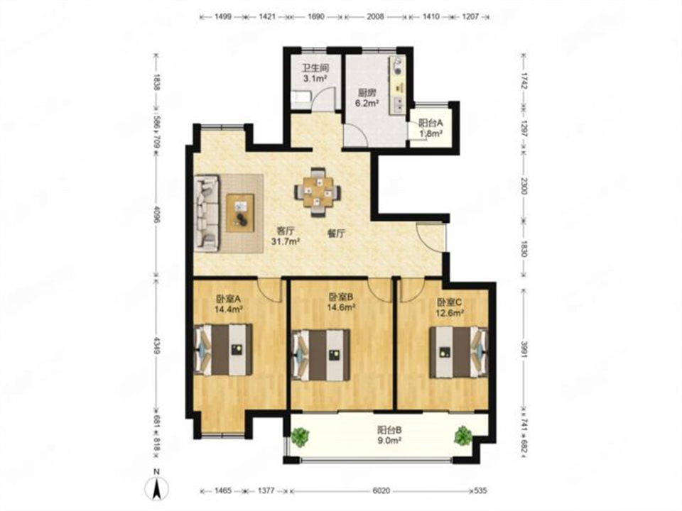 同和嘉苑东区 3室1厅1卫 121m&sup2;