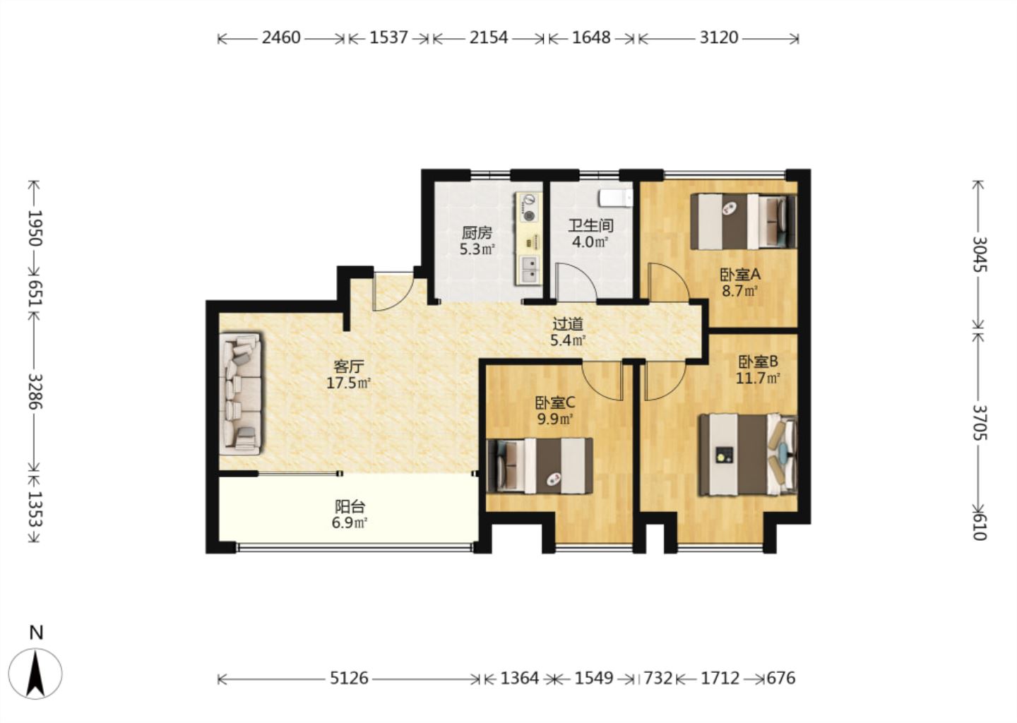 世茂九龙庭 3室2厅1卫 90m&sup2;