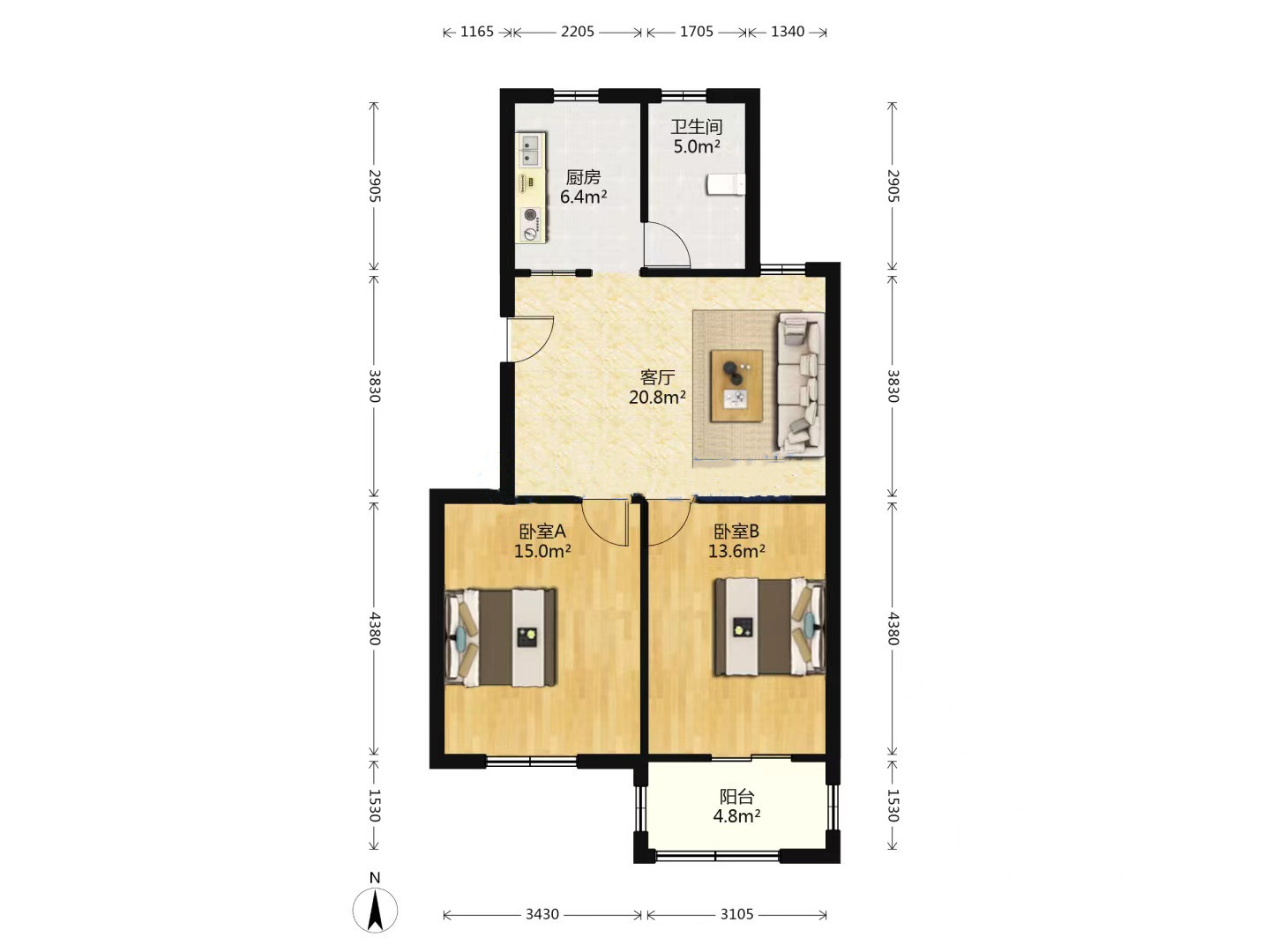 五山家园 2室2厅1卫 75.03m&sup2;