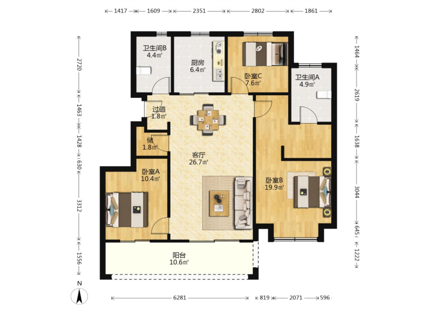 龙湖天宸源著 3室2厅2卫 117m&sup2;