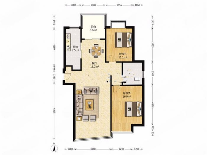 中南世纪城南区 2室2厅1卫 118m&sup2;