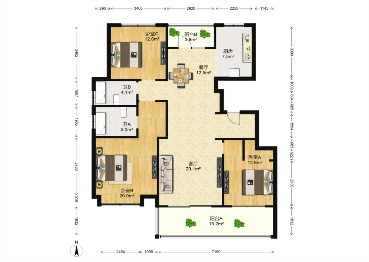 万濠山庄 3室2厅2卫 143m&sup2;