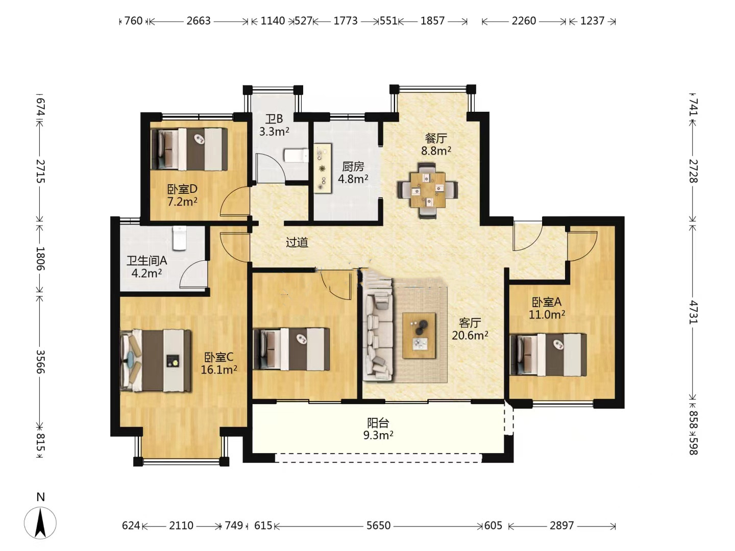 中南熙悦(南通经济技术开发区) 4室2厅2卫 136.23m&sup2;