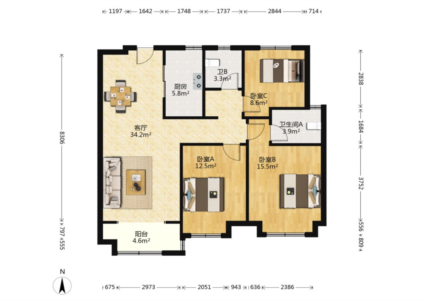保利香槟国际 3室2厅2卫 115.00m&sup2;