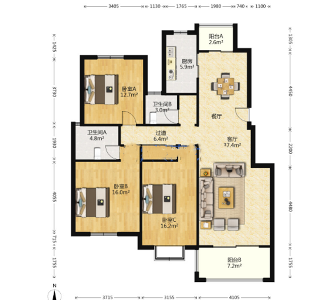 优山美地花园北区 3室2厅2卫 141.00m&sup2;