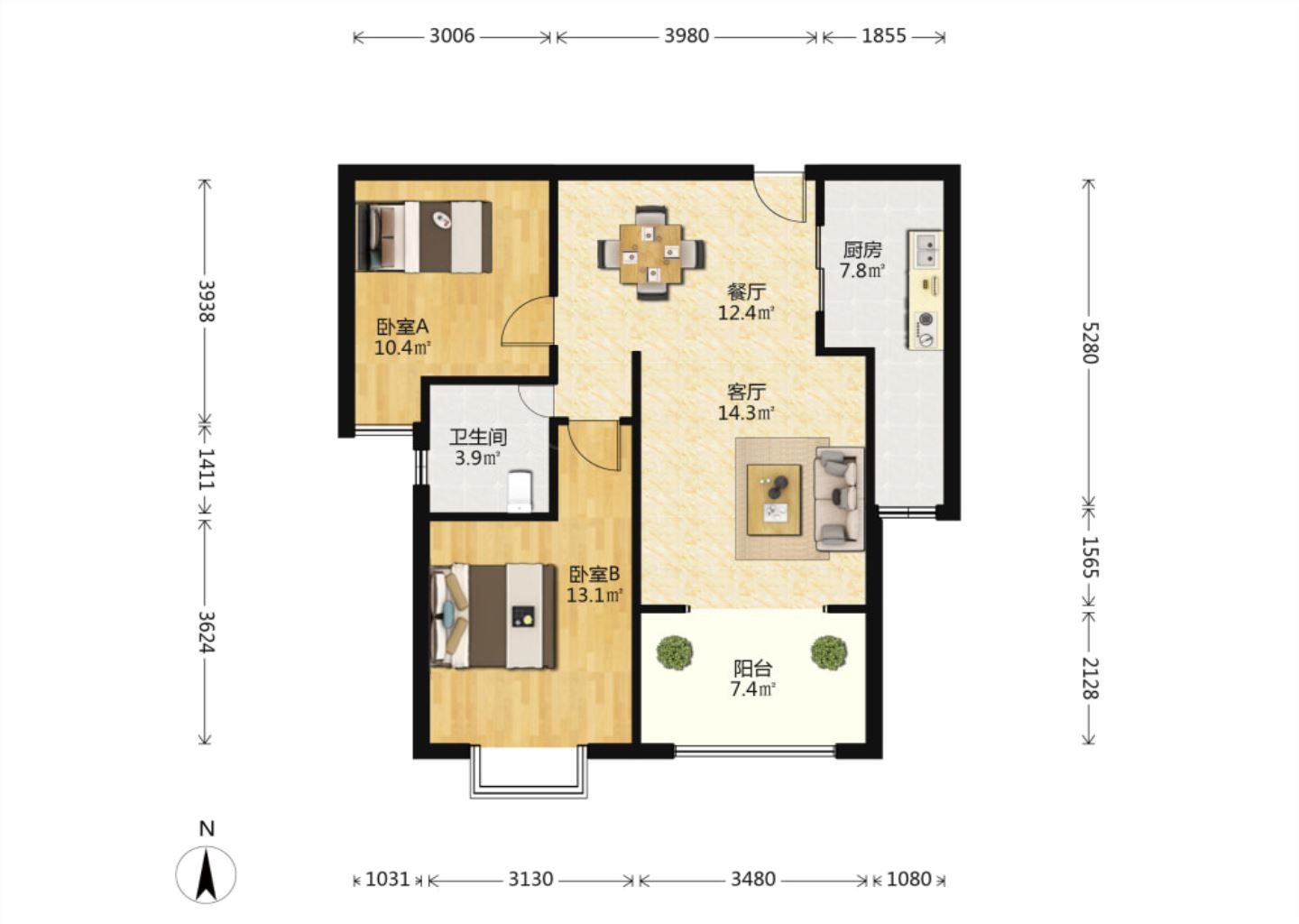 华强城 2室2厅2卫 85.00m&sup2;