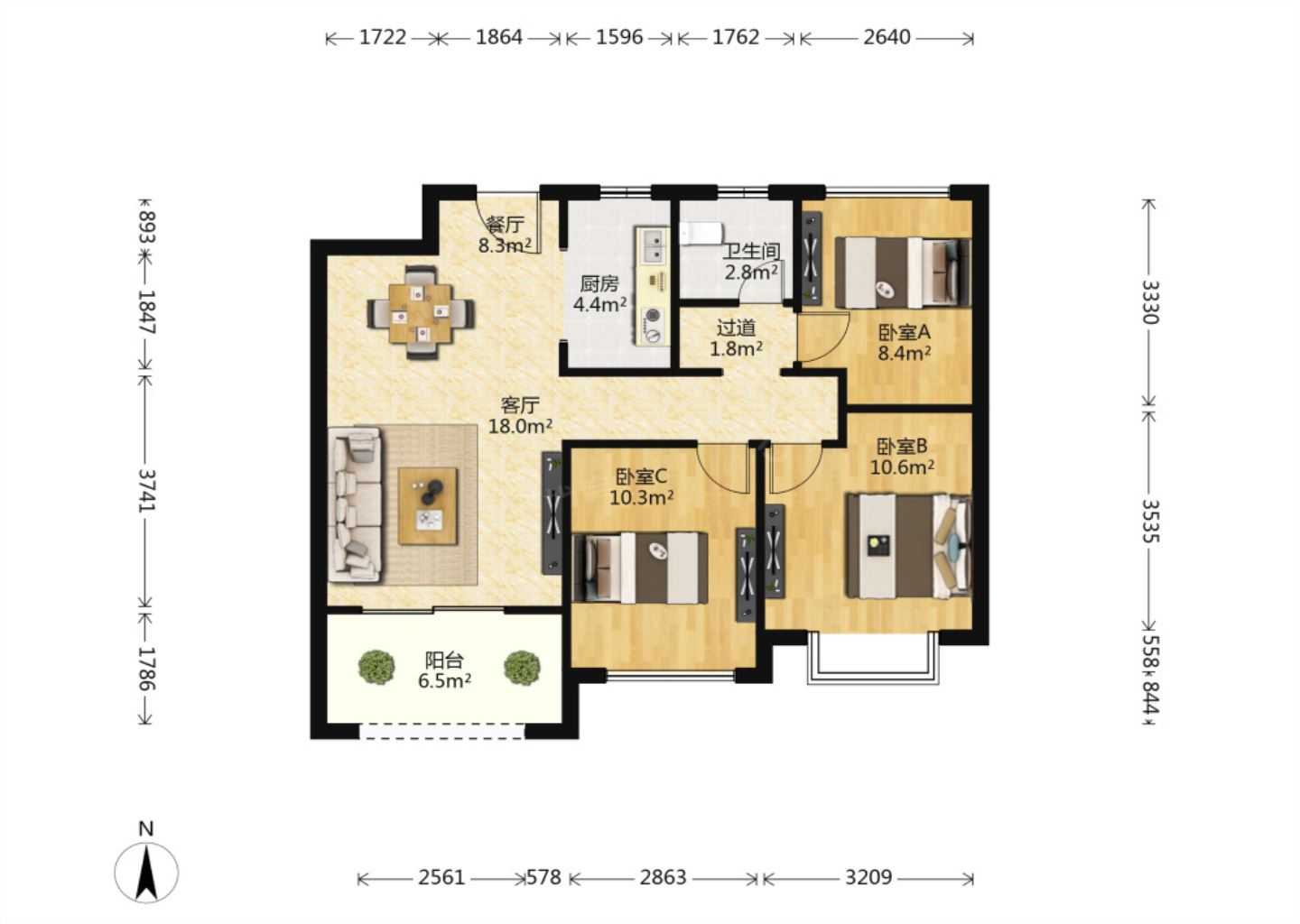 林肯公园 2室2厅1卫 92m&sup2;