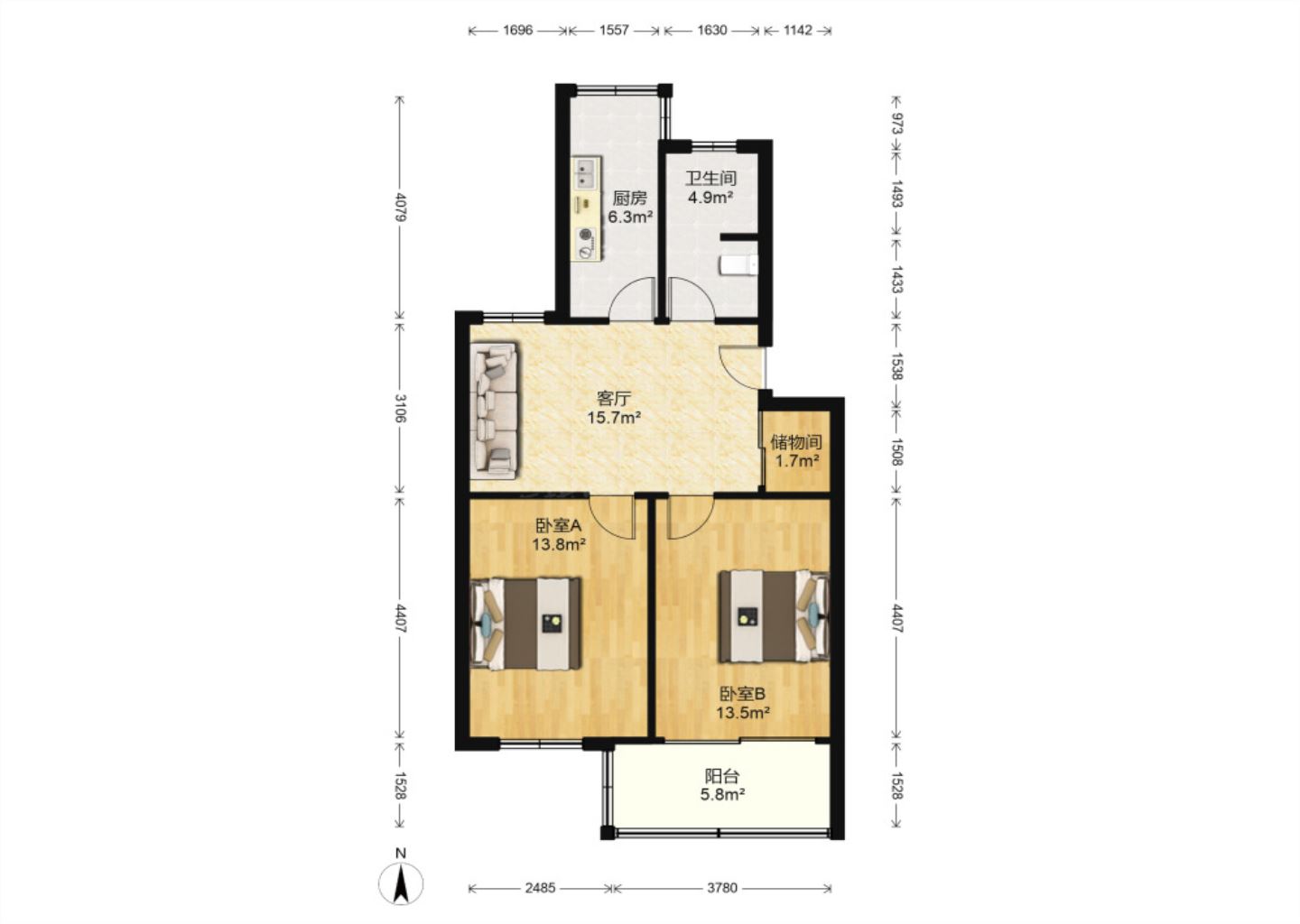 弘运园 2室1厅1卫 74.93m²