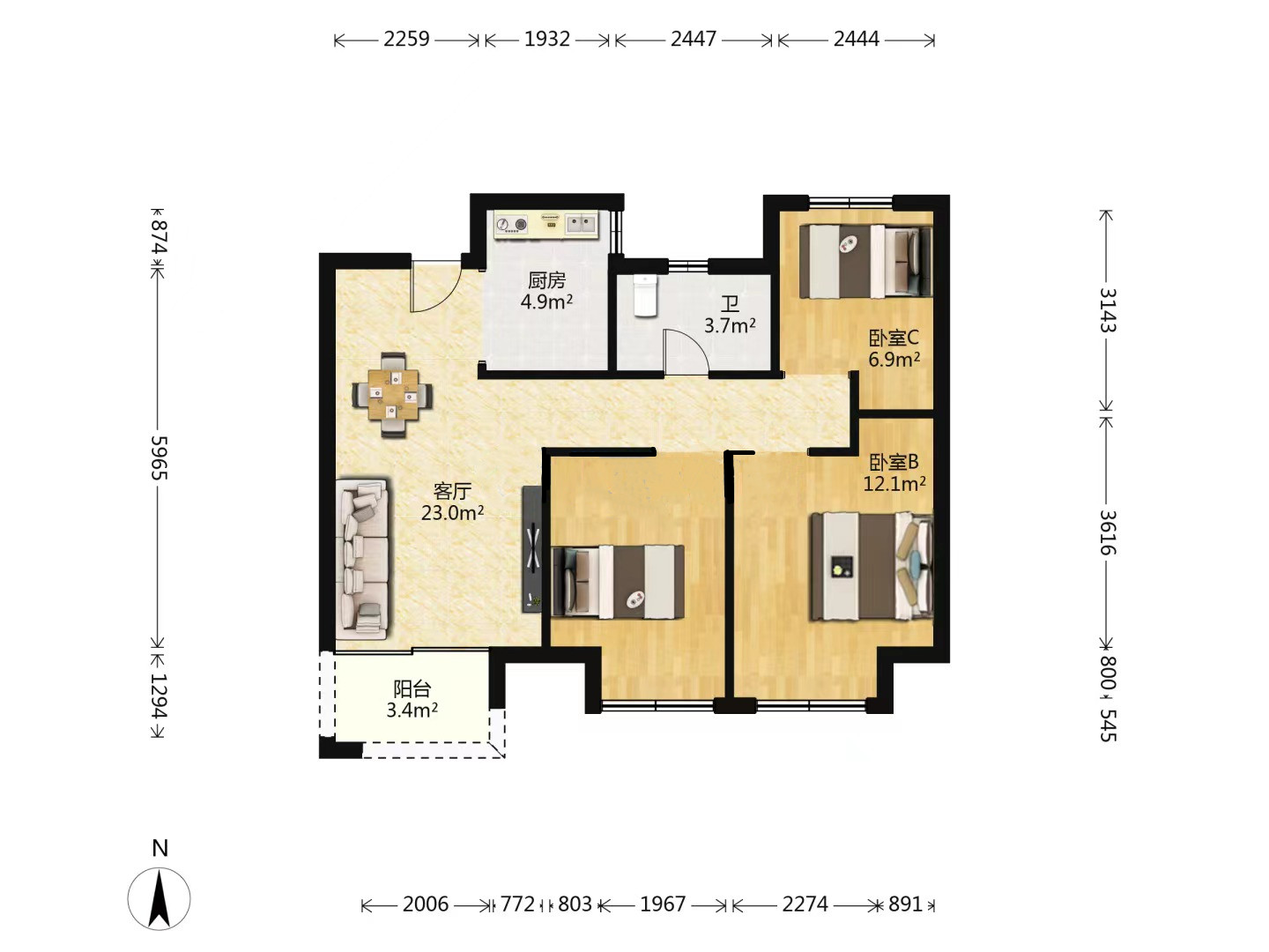 绿地新里城 3室2厅1卫 91m&sup2;