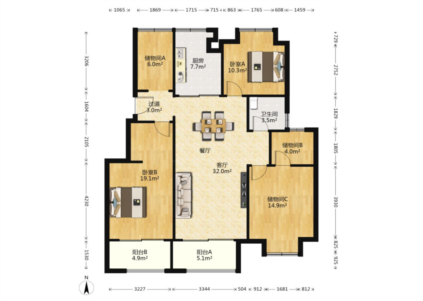盛和九里香堤一期 3室2厅2卫 123.40m&sup2;
