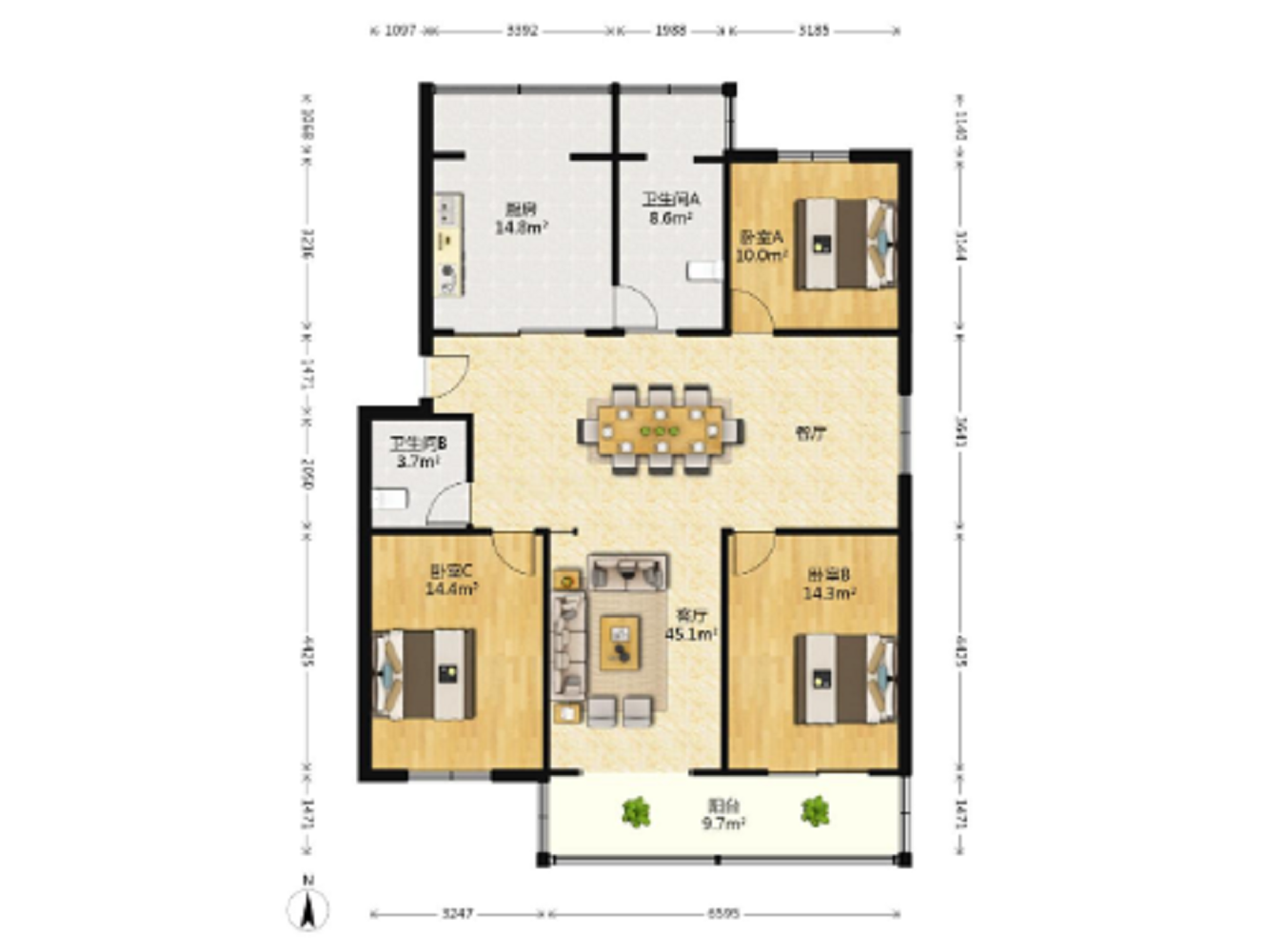 宏丰苑 3室2厅2卫 136m&sup2;