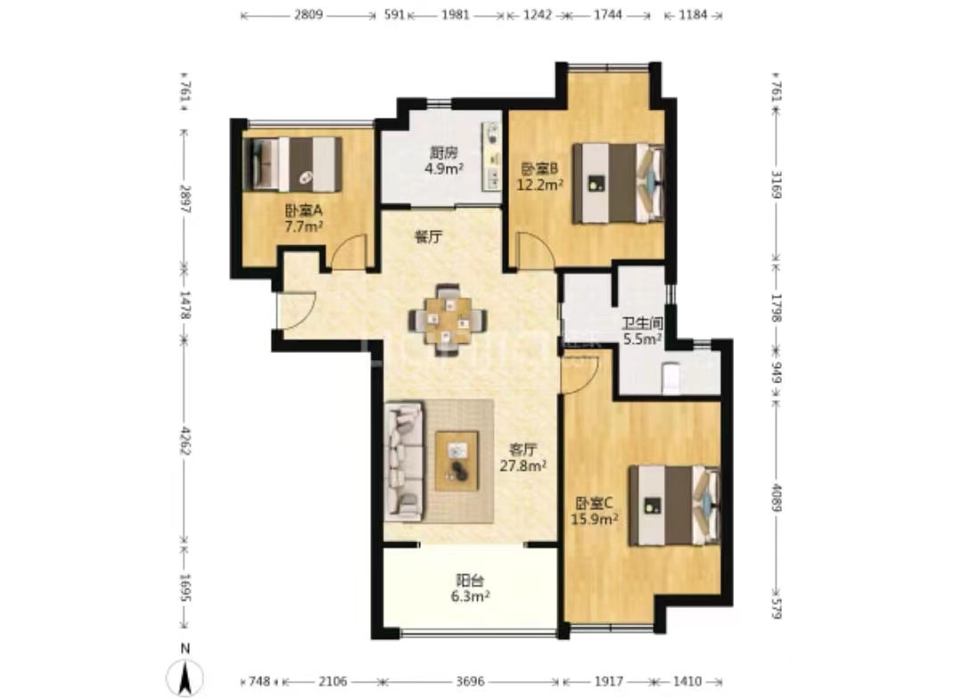 南山国际社区 3室2厅1卫 106.38m&sup2;