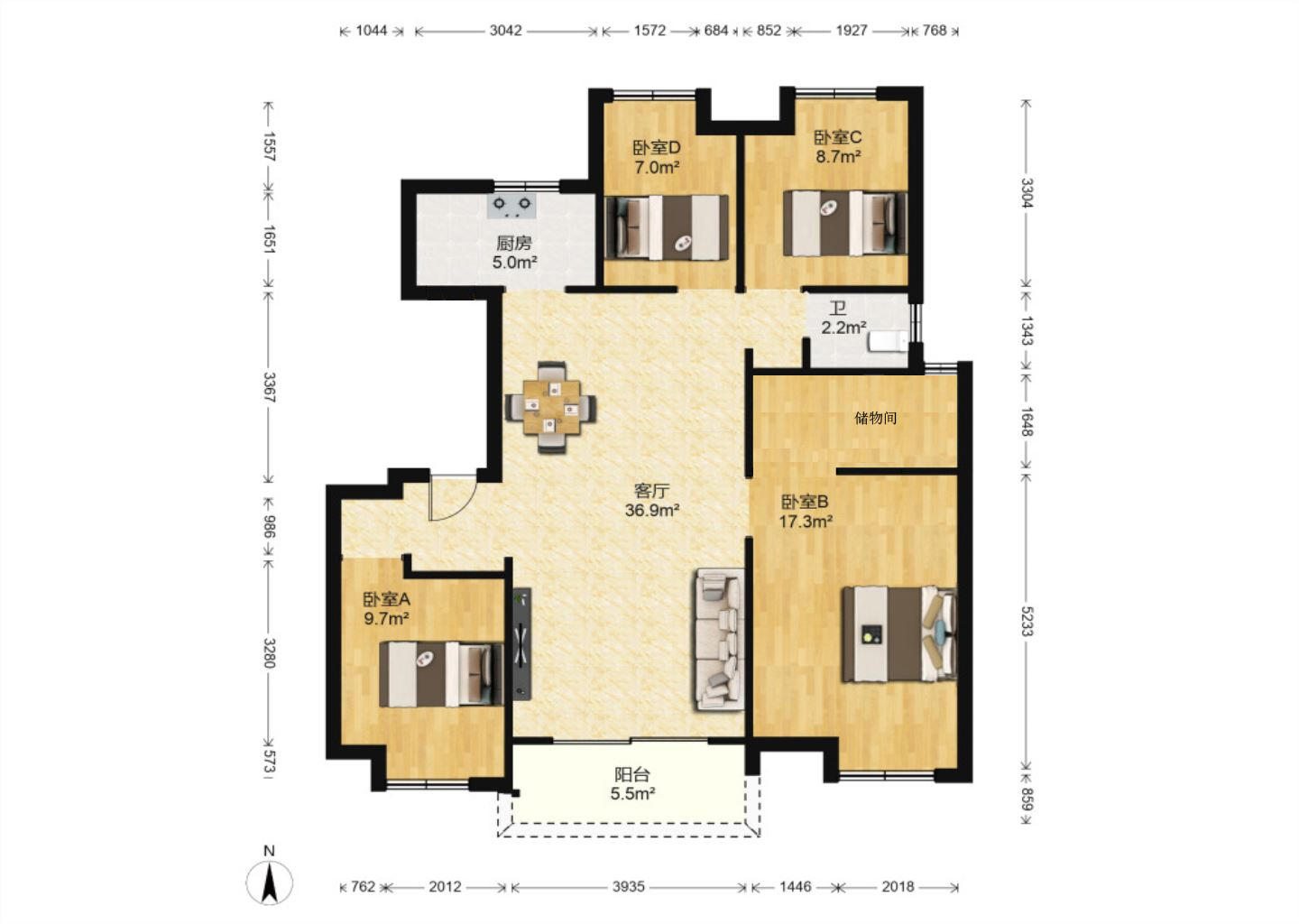保利香槟国际 4室2厅2卫 127.00m²