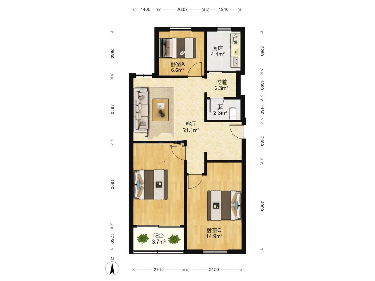 华威园 3室1厅1卫 97.00m&sup2;