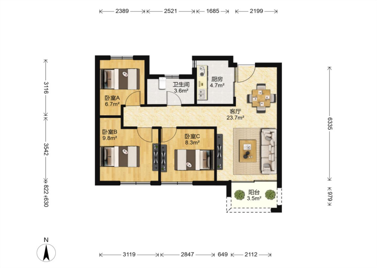 绿地新里城 3室2厅1卫 91m&sup2;