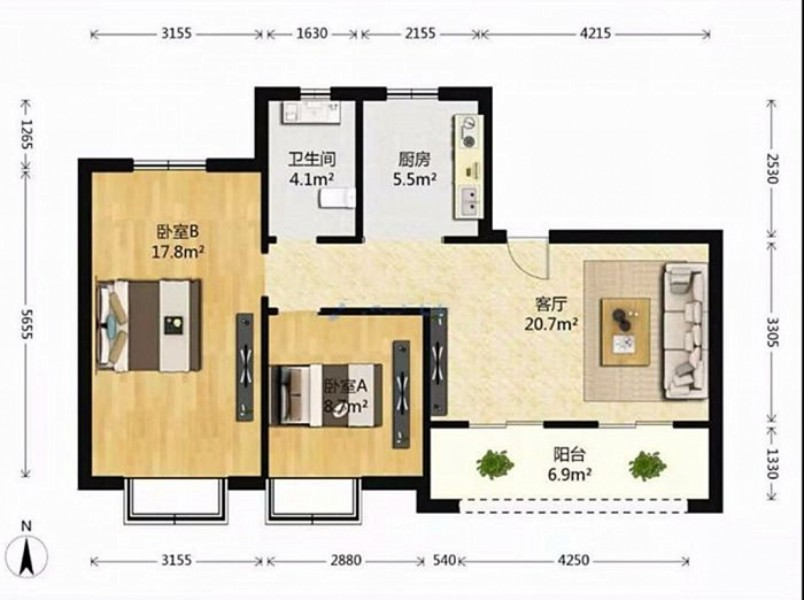 世茂九龙庭 2室2厅1卫 90m²