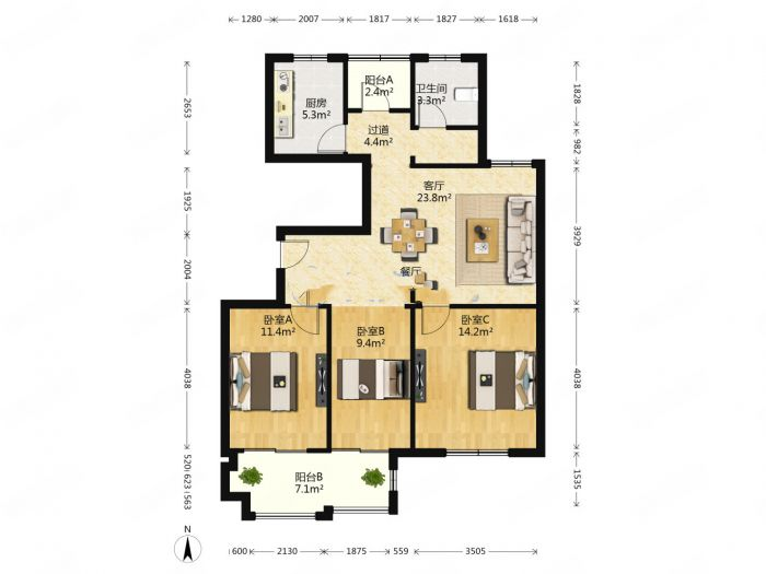 兴石花园 3室1厅1卫 105m&sup2;