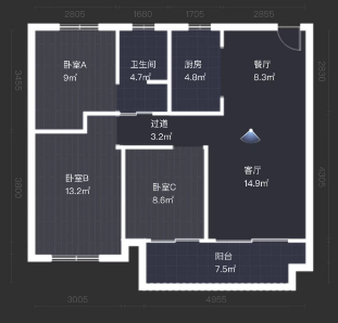 卓越悦宸 3室2厅1卫 93.00m&sup2;