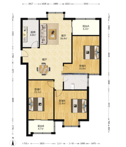世家花园 3室2厅2卫 128m&sup2;