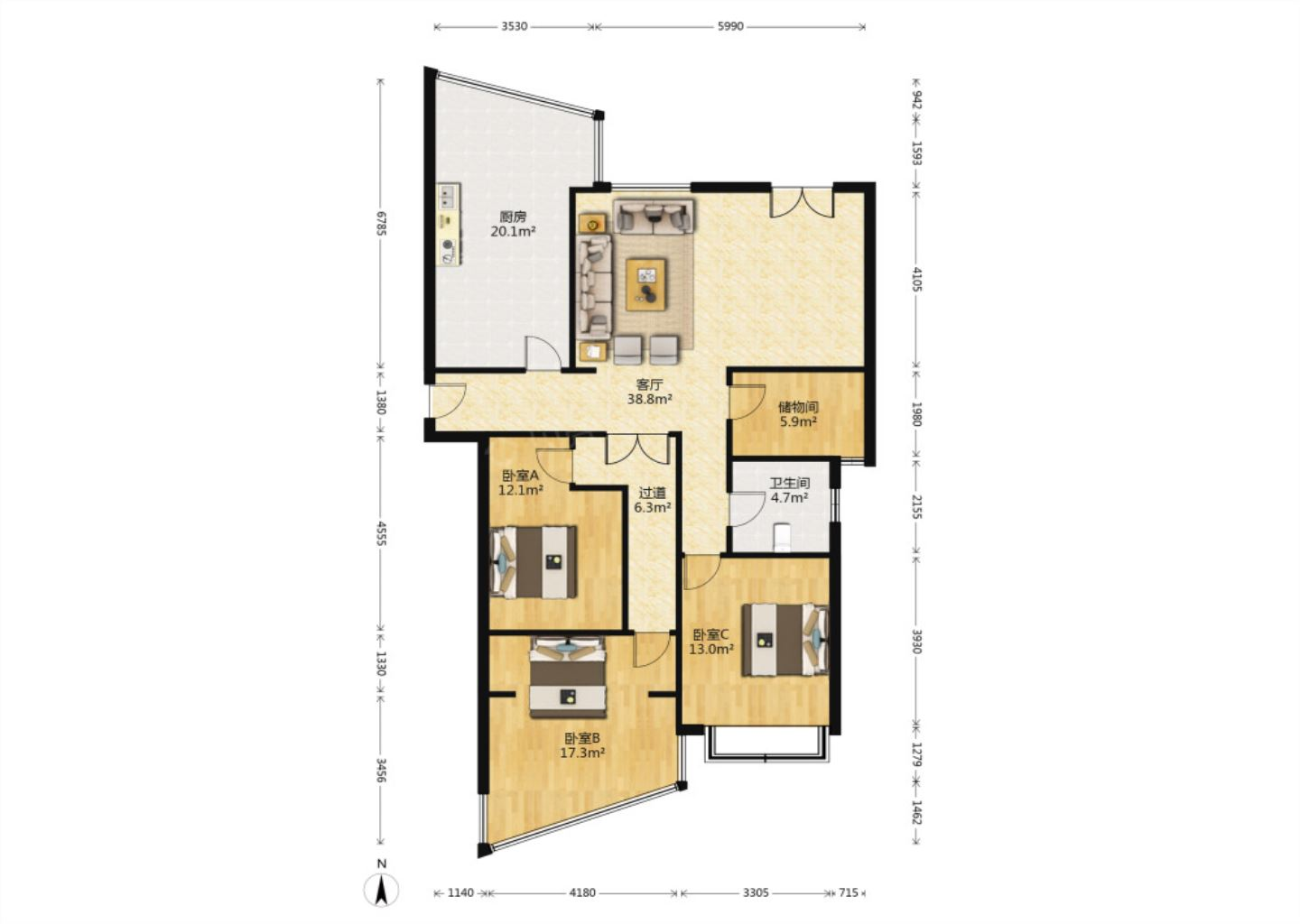 中南世纪城北区 4室2厅1卫 157m&sup2;