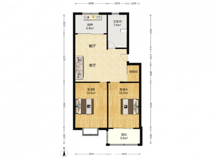 五山花苑 2室1厅1卫 60.00m&sup2;